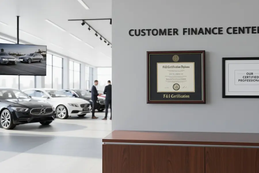 F&I Certification Diploma displayed in dealership Customer Finance Center